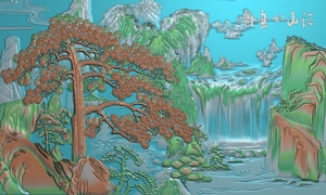 精雕图浮雕图 牌匾山水迎客松瀑布江山如画黄山松树深浮雕 横屏风