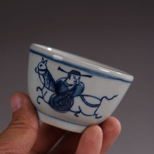 仿古明万历青花戏马图人物中号功夫主人茶杯酒杯 古玩古董陶瓷器