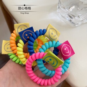 6条~韩国东大门荧光色笑脸电话线发圈大号磨砂扎头发头绳无痕皮筋
