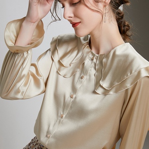 桑蚕丝长袖衬衫春夏宽松上衣双层领纯色女士真丝衬衣丝绸缎面光泽