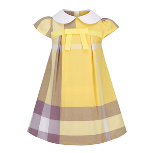 欧美童裙2023夏季女童娃娃款蝴蝶结黄色格子裙洋气短袖棉质连衣裙