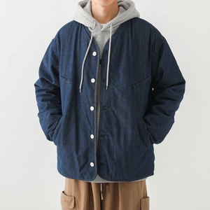 冬季新款日系复古阿美咔叽轻工装牛仔夹克夹棉外套男棉服叠穿棉衣