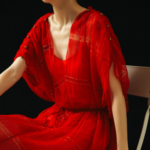 cicidream2021年夏季 古典希腊元素轻盈纱织丝毛朱红色长款连衣裙