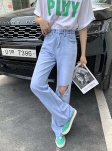 qiqi琦琦6152#2022夏薄 高腰显瘦宽松浅蓝破洞阔腿直筒牛仔拖地裤
