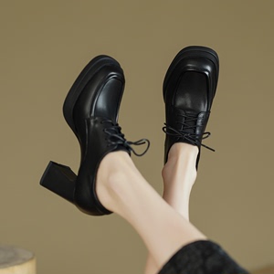黑色系带高跟鞋防水台粗跟真皮深口单鞋女复古英伦风小皮鞋8.5cm