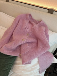粉紫色V领软糯套头毛衣开衫秋季女2023时尚甜美减龄洋气针织外套