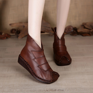 景本色全真皮厚底坡跟松糕短靴女加绒棉鞋民族风妈妈复古女鞋单靴