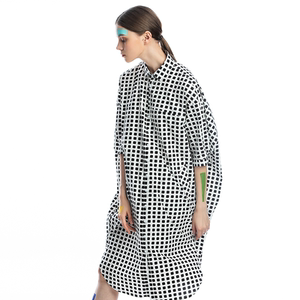 方寸原创设计o型清新黑白格子中长款连衣裙女夏文艺范宽松衬衫裙