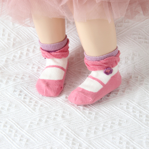 j2日单宝宝短袜 薄棉 女童 仿鞋子造型 粉色 立体花朵 防滑短船袜