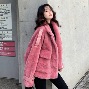 粉色羊羔毛外套女秋冬新款韩版宽松气质皮毛一体毛毛大衣羊羔绒潮