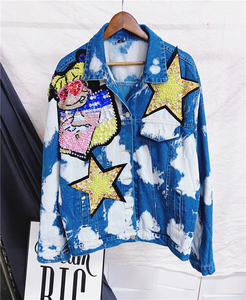 2021秋季新款重工亮片五角星扎染个性宽松泰国潮牌高端牛仔外套
