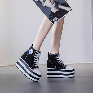 恨天高内增高12cm高帮帆布鞋女厚底松糕休闲超高跟原宿风高邦