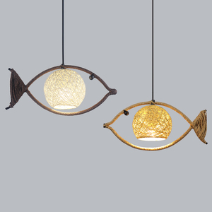 创意鱼形吊灯火锅店日式餐厅灯吧台个性藤编艺术新中式鱼造型吊灯