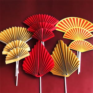 [花样烘焙]金红色半圆折扇纸扇中国风祝寿主题甜品台蛋糕装饰插件