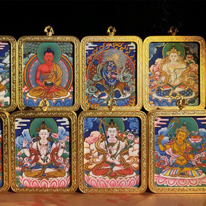 西藏青海热贡原创纯矿彩手绘定制小唐卡扎卡八大护身本命佛护身佛