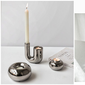 电镀银几何型陶瓷烛台样板间售楼处艺术软装摆件简约