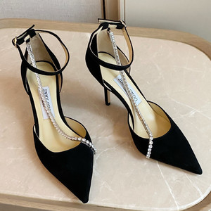 jimmy choo周仰杰女鞋珍珠斜链装饰jc尖头高跟鞋浅口细跟绒面单鞋