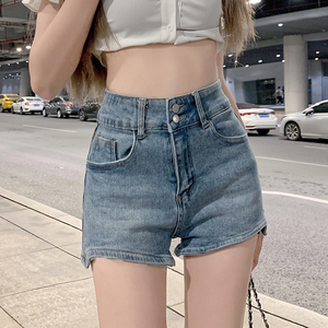 辣妹牛仔短裤女 夏季新款双扣显瘦性感美式复古高腰弹力a字热裤