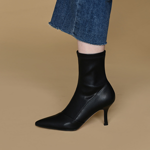 m先生 弹力布靴子女春秋单靴细跟瘦瘦靴尖头侧拉链性感高跟短靴
