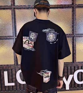 日系原单潮牌福神短袖t桖男海鸥标刺绣多口袋宽松潮流半袖体恤