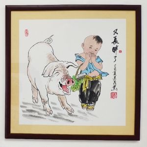百分百纯手绘国画字画水墨写意猪 默认落款已经配框尺寸52乘52
