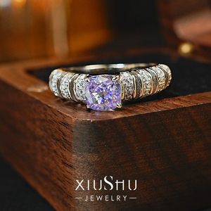 轻奢人工紫钻方形碎冰切925纯银戒指镶嵌高碳钻百搭小众指环新款