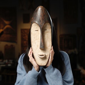 非洲木雕面具人物简约黑白长脸眯眯眼摆件墙饰壁挂实木手工刚果