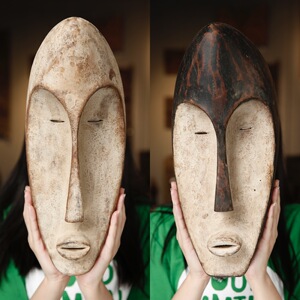 非洲木雕面具人物简约黑白长脸眯眯眼摆件墙饰壁挂实木手工刚果