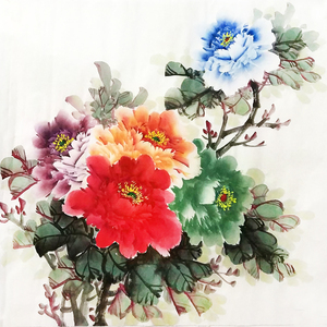 纯手绘真迹特价牡丹画国画花鸟字画三尺斗方无落款五彩牡丹画1806