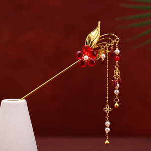 076原创设计红色簪子汉服配饰流苏步摇铃铛发饰日常古风汤圆