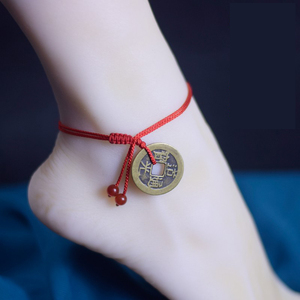 手工编织复古中国风纯铜铜钱脚链红绳脚链本命年男女钱币脚绳