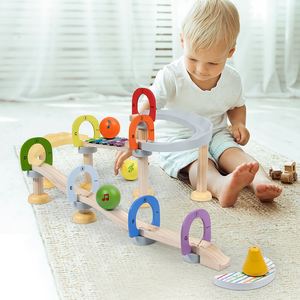 儿童木制轨道滚珠游戏大颗积木拼装搭建音乐敲琴滚球滑道益智玩具