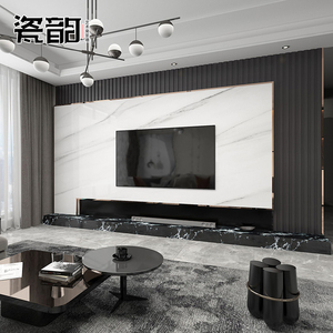大理石电视背景墙轻奢风瓷砖客厅现代简约悬空电视墙实木格栅造型
