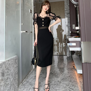 新款女装性感镂空蕾丝拼接修身包臀夏季时尚OL气质短袖黑色连衣裙