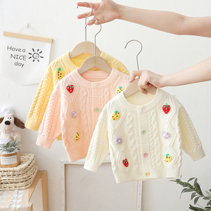女童毛衣开衫草莓洋气菠萝婴儿童秋装外搭女宝宝针织外套2023新款
