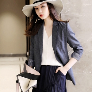 日系轻奢 薄款西装外套女 2020新款含亚麻条纹翻袖中长款修身西服