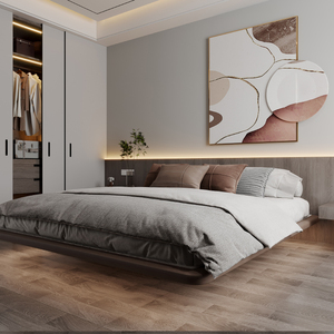 新款悬浮床高端白蜡木极简轻奢意式感应灯带网红主卧酒店实木床架