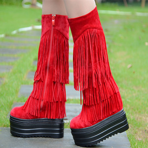 秋冬新款短靴女厚底超跟高红色13CM坡跟内增高流苏侧拉链中筒短靴