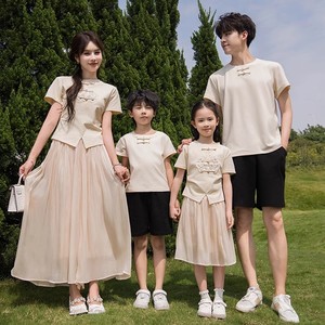中式亲子装夏装新款一家三口四口国风刺绣洋气短袖套装母女网纱裙