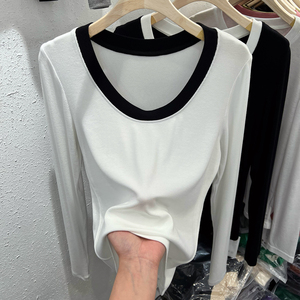 黑白撞色拼接圆领T恤上衣女2024春季新款时髦洋气修身针织打底衫