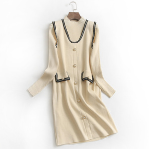 D852织带镶边立领两件套装秋冬新款2022韩版淑女长袖女裙子连衣裙