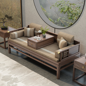 新中式实木老榆木茶桌椅组合卧榻塌伸缩沙发椅推拉罗汉床客厅套装