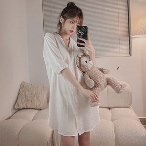 熊知道honey 白衬衫睡衣女夏季棉绸性感纯欲男友风睡裙夏天家居服