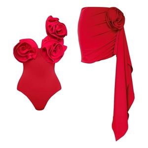 2024新品3D大花设计红色连体泳衣女王范泡温泉海边度假套装外搭