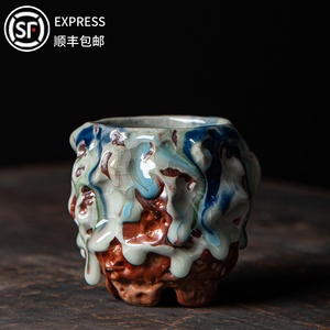 台湾纯手工志野烧茶杯柴烧主人杯玛瑙流釉陶瓷茶具手拉单杯粗陶杯