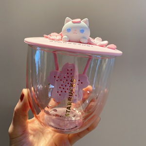 星巴克2020女神节礼物粉色渐变萌猫杯盖樱花双层茶漏玻璃喝水杯子