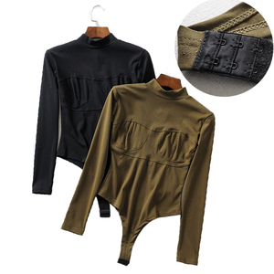 欧洲站秋装女纯色打底衫半高领长袖连体t恤胸前设计丁字裤连体衣