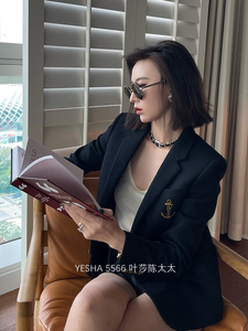 5566叶莎欧洲站黑色西装2021秋季新款欧货休闲刺绣船锚西服外套女