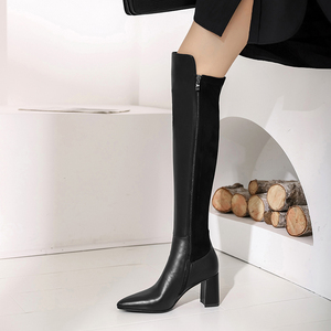 欧美新款秋冬尖头过膝长靴女高跟弹力瘦腿长筒靴粗跟真皮高筒靴