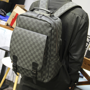 韩版男包格子书包USB充电接口电脑背包 青年大容量双肩包旅行背包
